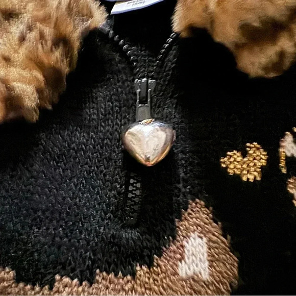 Vintage HEARTWORKS Sweater Cat Long Sleeve Faux Fur Collar Animal Print Black 5 - Picture 4 of 7